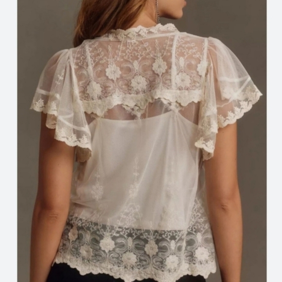 ANTHROPOLOGIE Cream Lace Flutter Sleeve Romantic Fairy Boho Gypsy Blouse Cami S - Picture 4 of 16